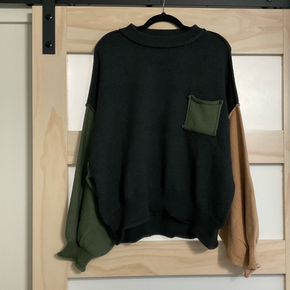 POL Color Block Oversized Sweater Balloon Sleeve Cotton Slouchy Boho Large